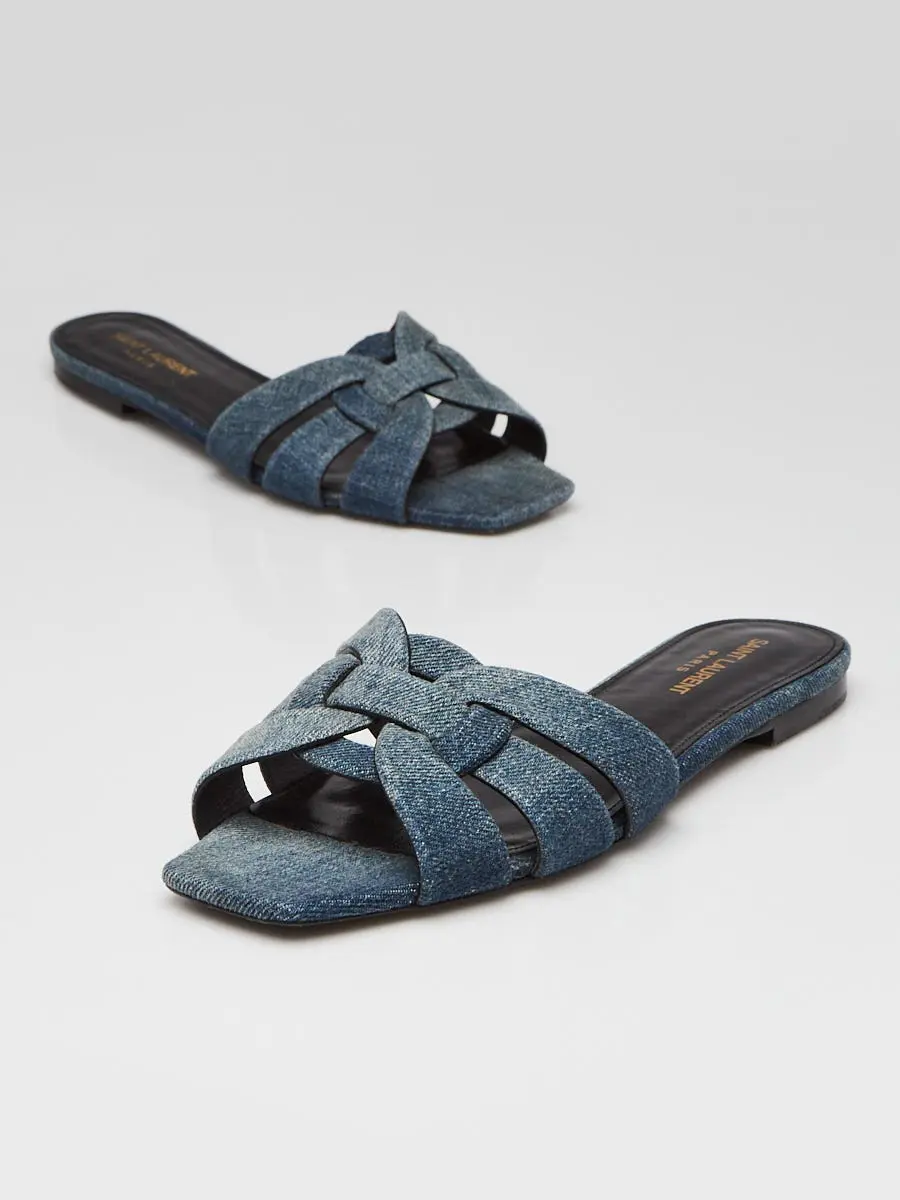 Yves Saint Laurent Blue Woven Denim Tribute Flat Sandals Size 8/38.5
