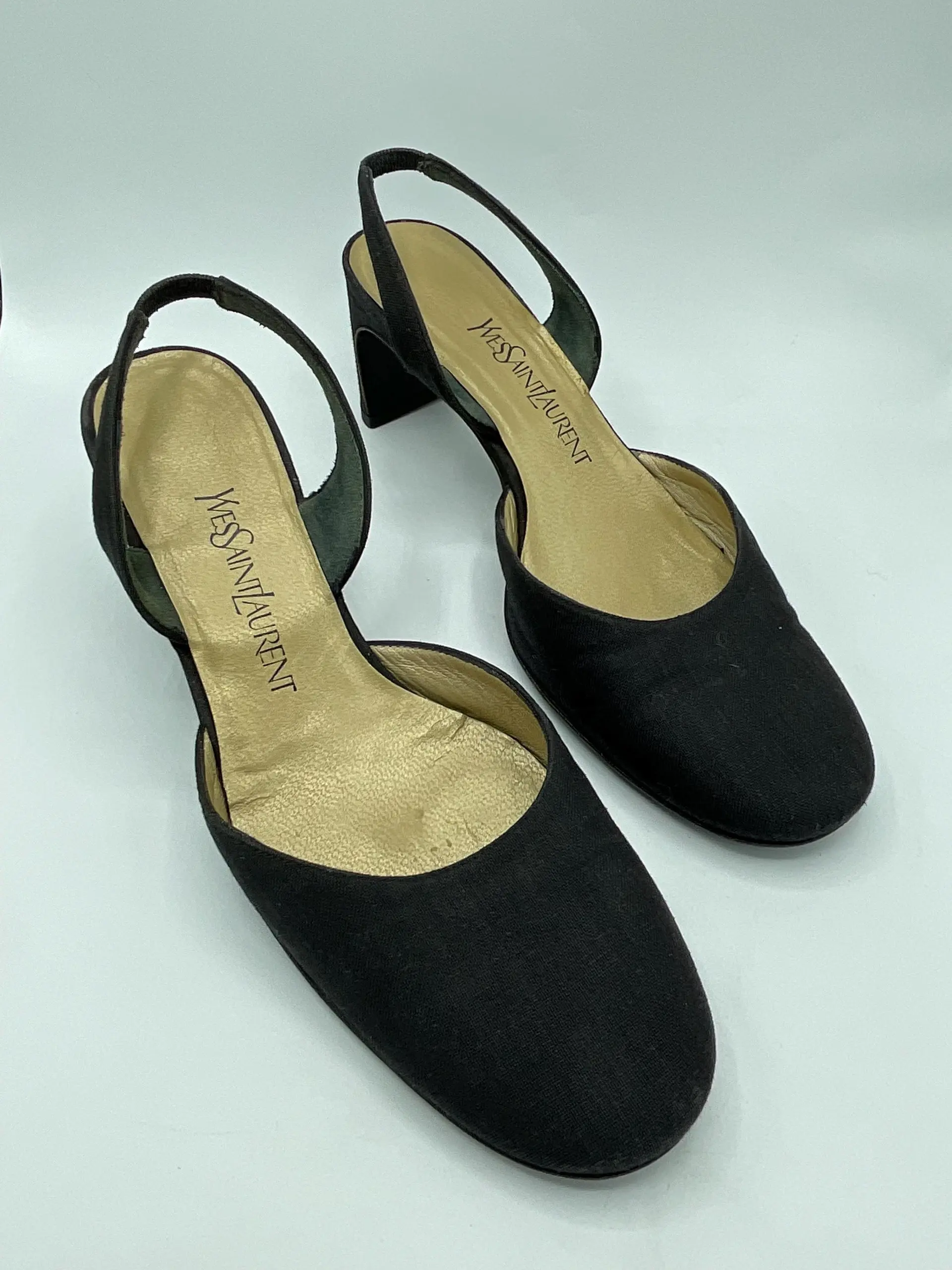 Vintage Yves Saint Laurent black fabric/denim slingback mini pumps Size 6.5