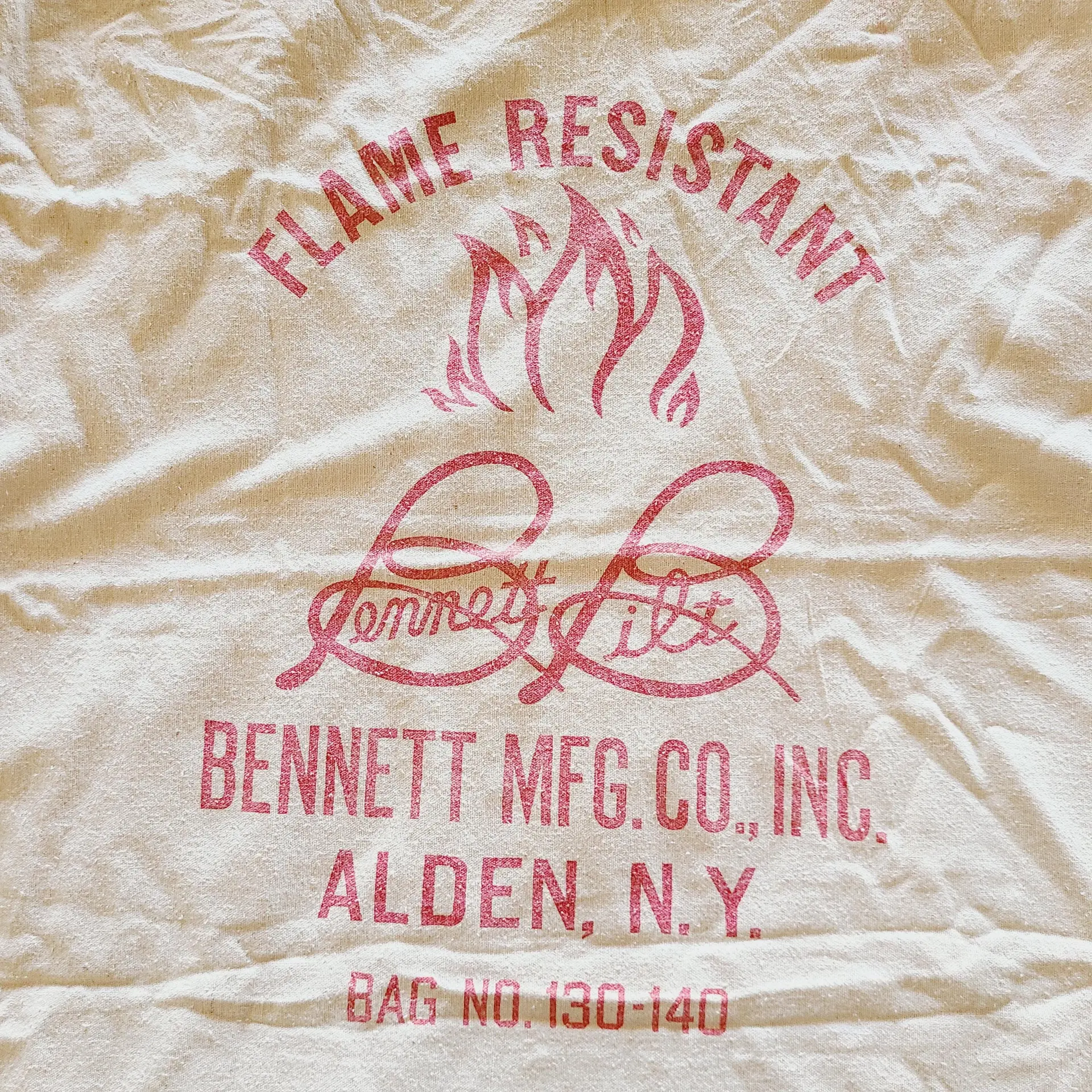 Vintage circa 1971 Flame Resistant canvas graphic drawstring bag by Bennett Mfg of Alden, NY "Bennett Bilt" 25" x 32" Bag No 130-140