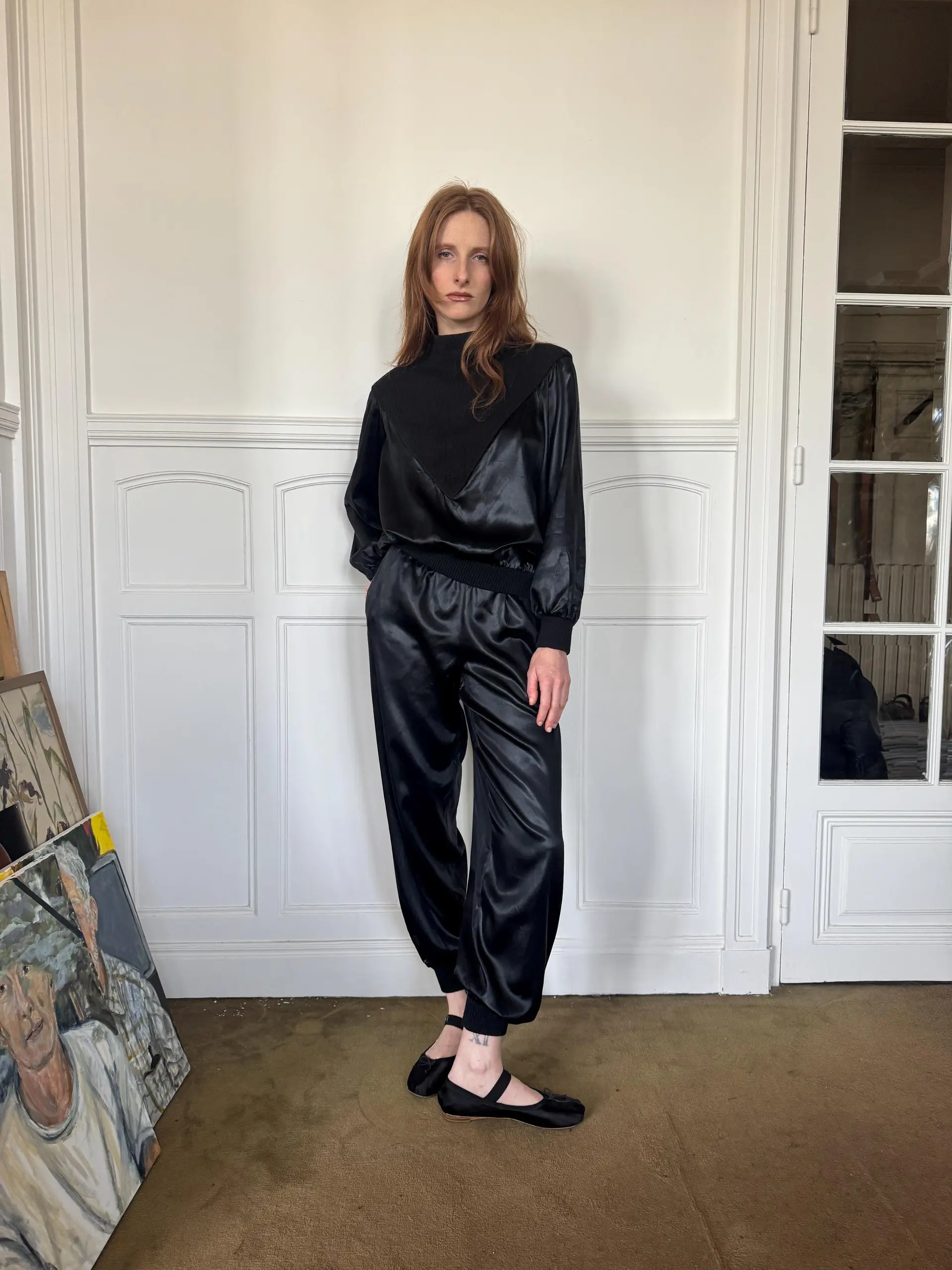 1980s Yves Saint Laurent Rive Gauche black satin and ribbed knit ensemble, tracksuit look, long sleeved top and pants / xs - small