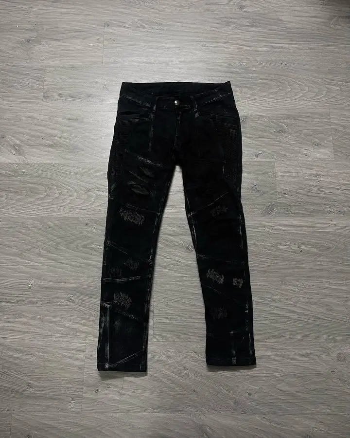14th Addiction Biker Distressed Split Leather Patch Pants