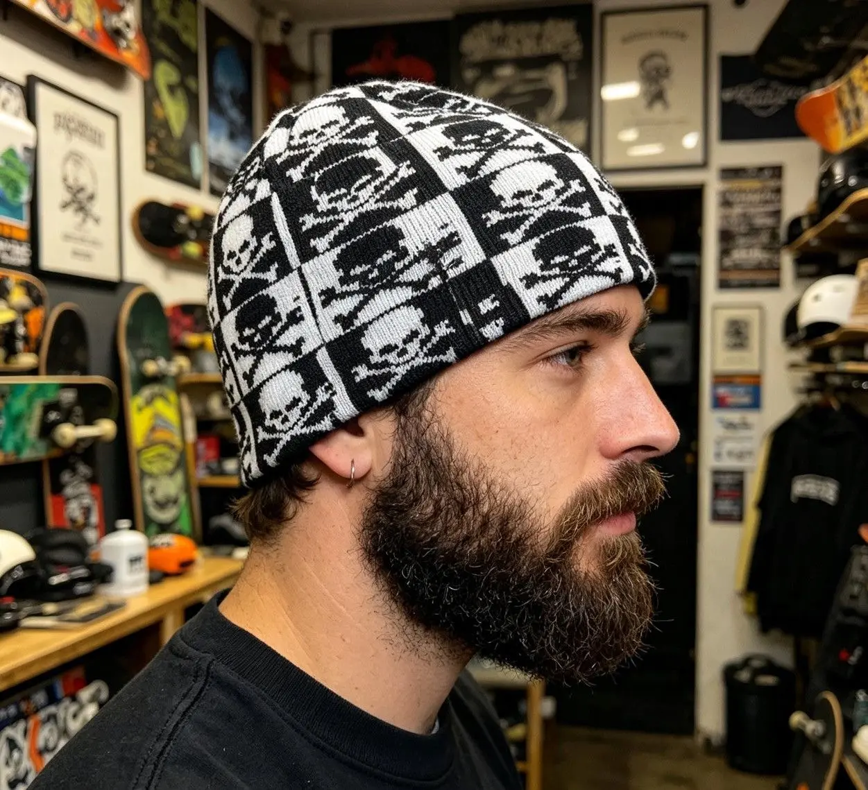 Skull Bone Black White Checked Beanie Hat