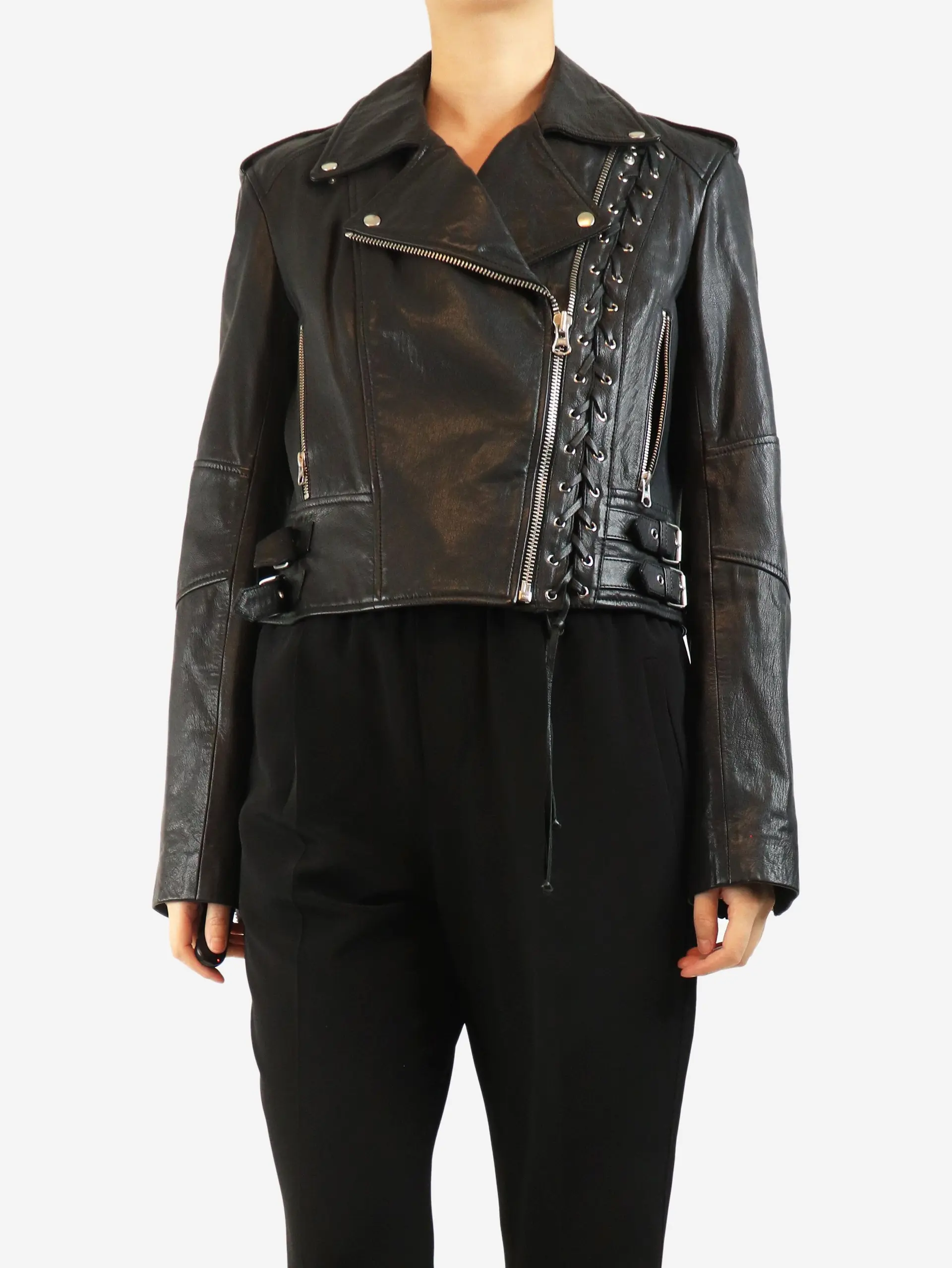 Black leather lace-up detail biker jacket - UK 12